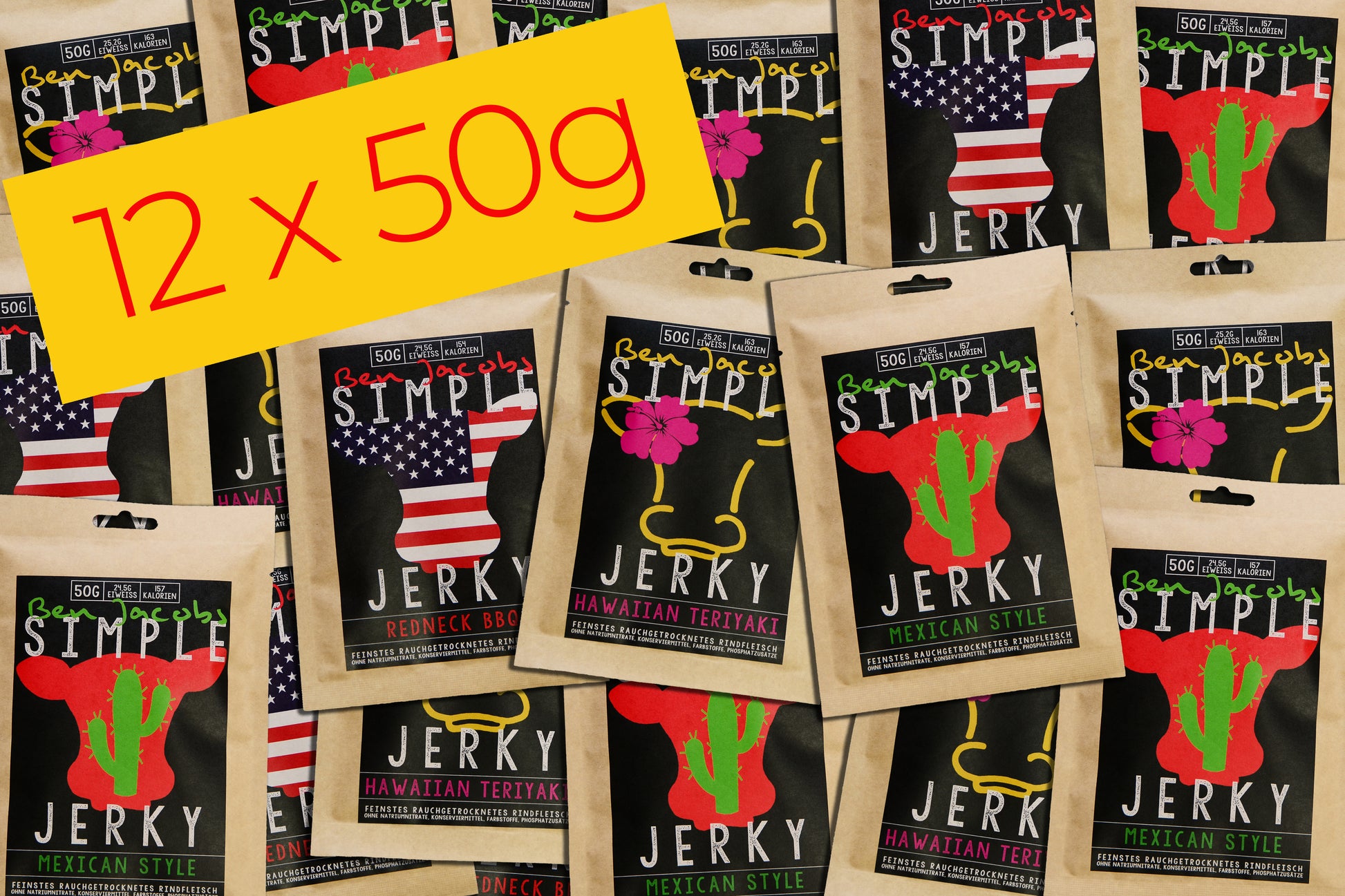 12 x 50g Simple Jerky Probierpaket Mexican Style, Hawaiian Teriyaki & Redneck BBQ