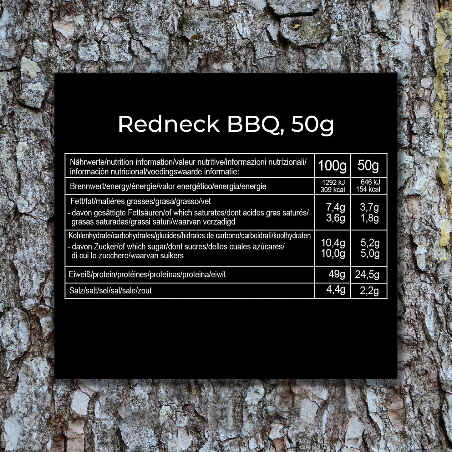 Nährwertangaben für Simple Jerky Redneck BBQ, 50g – Kalorien, Fett, Kohlenhydrate, Eiweiß und Salzgehalt.