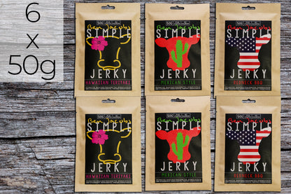 Beef Jerky Spicy Box von Simple Jerky – Trockenfleisch aus österreichischem Rindfleisch mit den Sorten Hawaiian Teriyaki, Mexican Style und Redneck BBQ.